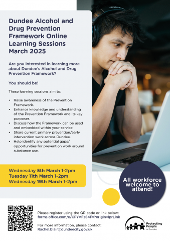 Learning session flyer, image on the right shows man in headphones looking at laptop screen. Information of event on left side with link to event booking at the bottom.